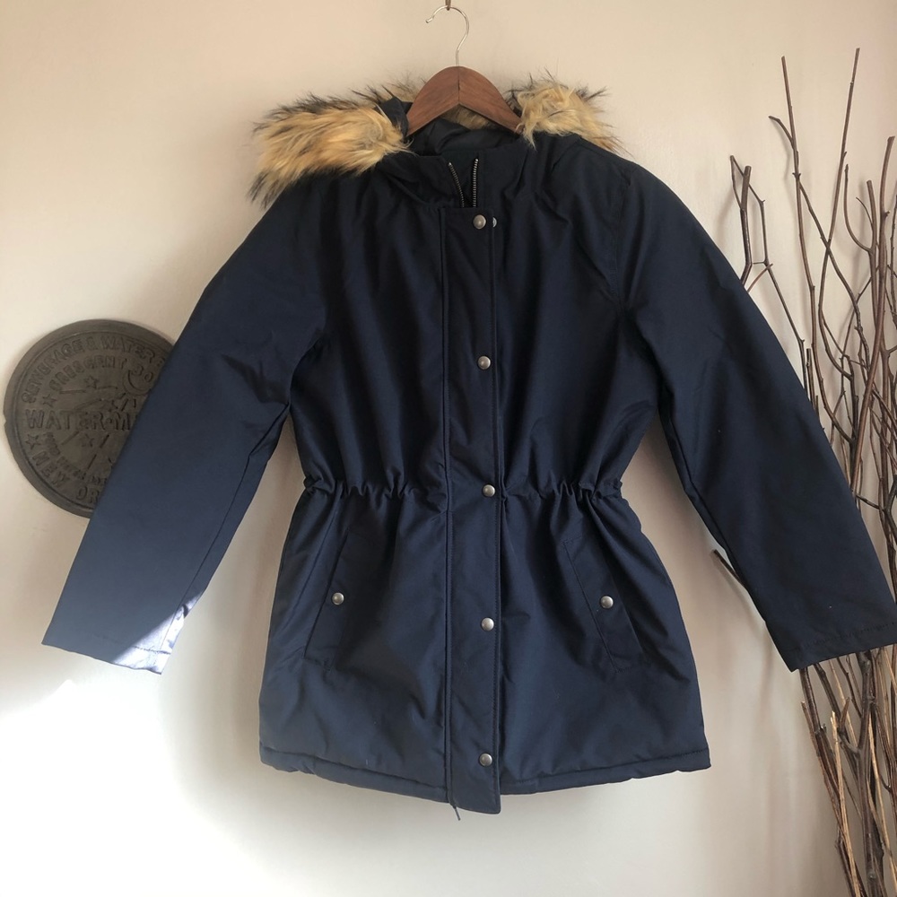 NWT JCrew down parka fur trim hood navy cinchwaist